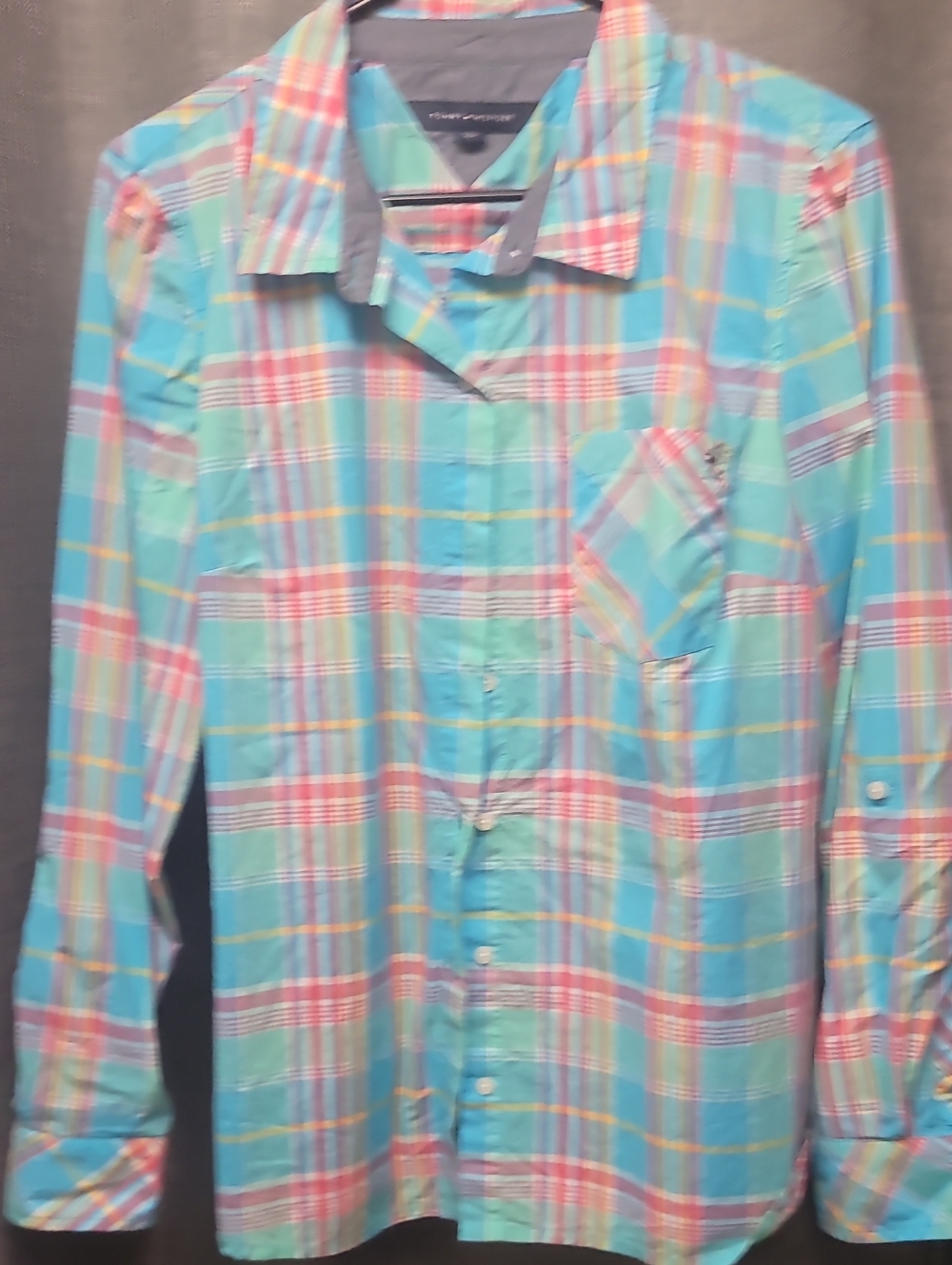 Tommy Hilfiger Multicolored Plaid Button-Down Shirt (Aqua, Pink, Yellow)